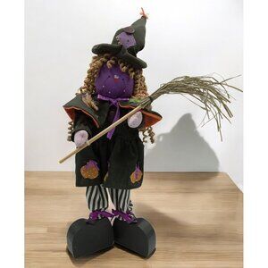 Witch Doll Vintage Halloween Decoration Cute Purple Face With Broom & Curly Hair